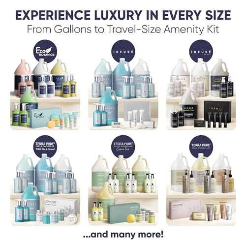 Eco Botanics Amenity & Accessory Kit | 0.85 oz Travel Size Shampoo, Conditioner, Lotion, Body Wash, Soap Bar, Shave & Dental Sets, Make-Up Remover Wipes, & Vanity Kit | 60 sets per case