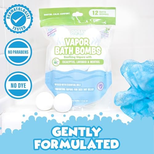 Tub Works® Vapor Bath Bombs for Toddlers & Kids, 12 Pack | Natural Essential Oils for Aromatherapy | Calming Eucalyptus Bath Bomb with Lavender & Menthol for Cold, Flu & Congestion Relief