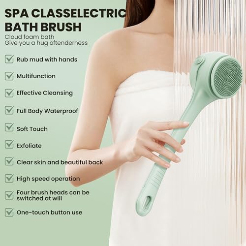 Electric Body Brush Back Scrubber for Shower – Waterproof Dual-Speed Bath Brush Long Handle with 4 Heads, Rechargeable Silicone Body Scrubber for Cleansing, Exfoliating and Massaging Skin Green