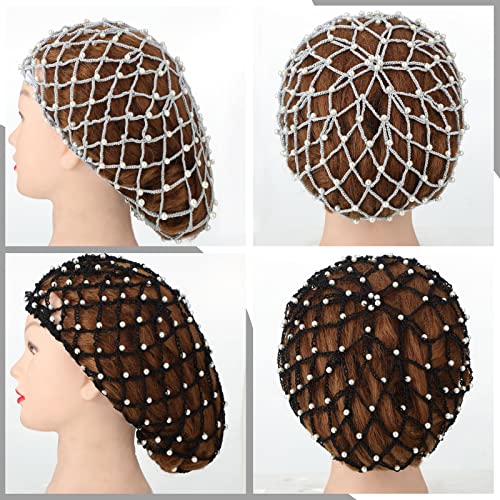 MTLEE 2 Pcs Black and Gray Mesh Crochet Pearl Hair Snood Rayon Knit Crocheted Sleeping Cap Net for Women Long Curly Hair