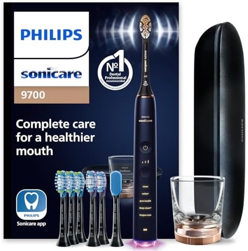 Philips Sonicare DiamondClean Smart 9700 Electric Toothbrush, Sonic Toothbrush with App, Pressure Sensor, Brush Head Detection, 5 Brushing Modes and 3 Intensity Levels, Lunar Blue, Model HX9957/71