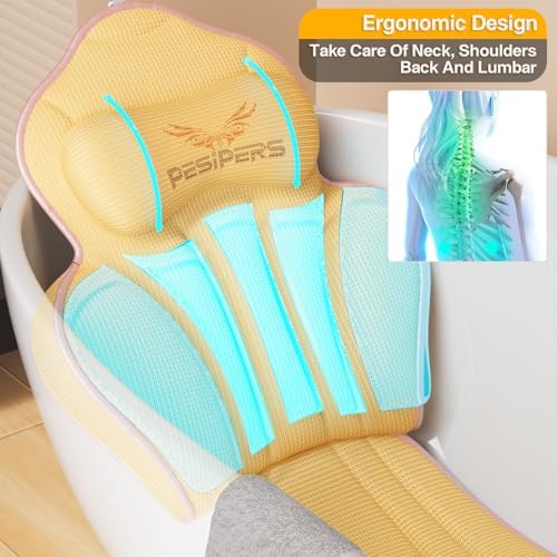 Ergonomic Full Body Bath Pillow for Bathtub, 3.9 inch Thickened Tub Pillows for Back Support and Headrest Neck, Soft 5D Air Mesh Cushion & Mat, Bathtub Pillow with 13 Suction Cups(Gold)