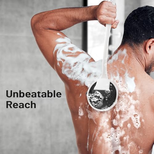 Silicone Back Scrubber for Shower, 2025 Upgrade 16 Inch Detachable Long Handle Body Brush, Loop Bristles Shower Brush for Exfoliating, Deep Cleansing for Men & Massage Can Produce Rich Foam