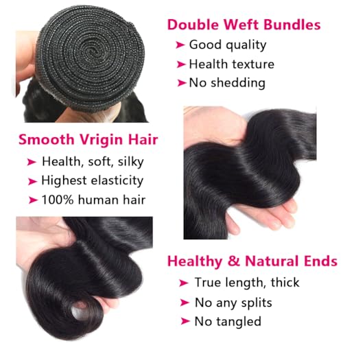 18 20 22 Inch Body Wave Bundles with Closure (16 Inch 5x5 HD Lace Closure) Human Hair Brazilian 3 Bundles with Closure Unprocessed Virgin Human Hair Free Part