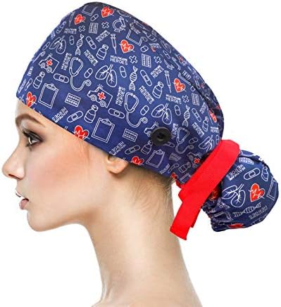 Working Cap with Buttons and Sweatband Adjustable Ribbon Tie Ponytail Hats for Women,Long Hair Head Covers Hair Caps