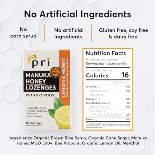 P.R.I Manuka Honey Lozenges with Propolis, Soothing Cough and Throat Drops, MGO 300+ Certified, (Lemon, 16 Count/2 Pack)