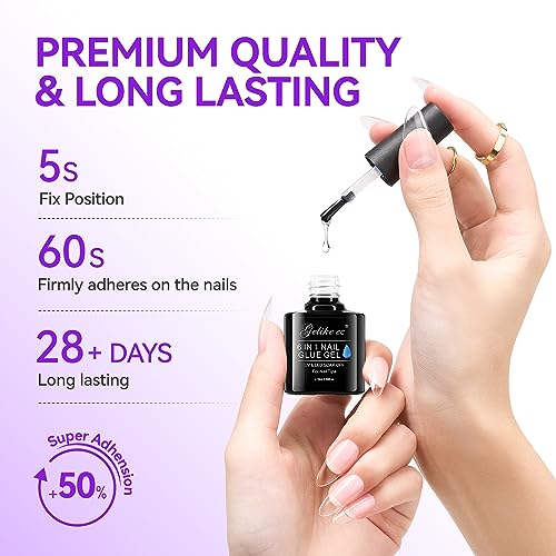 Gelike EC Gel Nail Glue UV Light: 2PCS 6 in 1 Adhesive Polish, Strong Glue for Press On Nails Acrylic Tips, Long Last Kit Blooming Gel Gift for Home Salon DIY 32ML