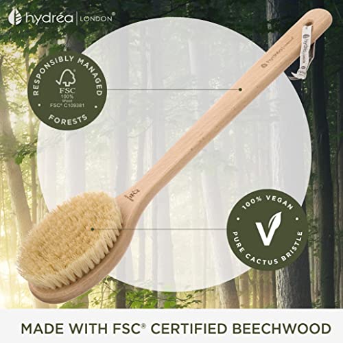 Hydrea London Dry Body Brush Long Handled Exfoliating Skin Brush with Vegan Cactus Bristle, Dry Brush Cellulite Remover, Exfoliating Body Scrubber, Improve Lymphatic Drainage FSC® Certified Beechwood.