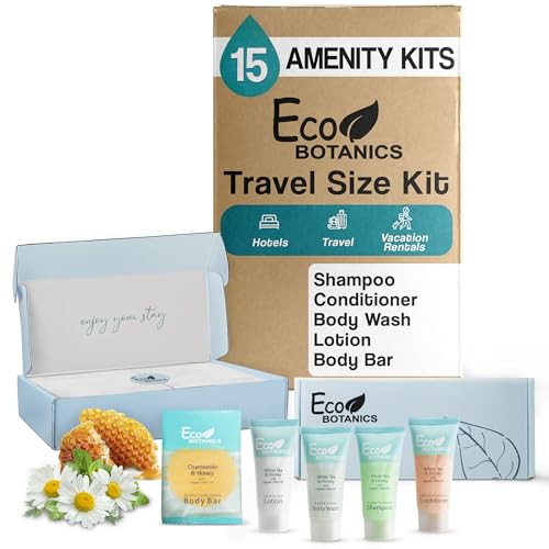Eco Botanics Amenity Kit | Boxed Hotel Toiletries | Bulk Set .85 oz Travel Size Shampoo, Conditioner, Lotion, Body Wash & Body Bar Soap for Guest Hospitality AirBnB/Vacation Rentals | 15 sets per case