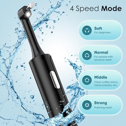 Tooth Polisher, Rechargeable Teeth Polisher with 5 Brush Heads, 4 Speed Modes, Tooth Whitening Kit for Cleaning and Polishing, LED Light, 3 Polish Pastes, IPX6 Waterproof Teeth Cleaning Tools, Black