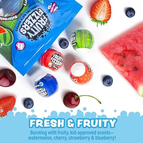 Tub Works® Fruity Fizzers™ Bubbling Bath Bombs for Kids, Variety 12 Pack | Dye-Free & Naturally-Derived | Gentle Kids Bath Bombs for Fizzy, Fruity, Bubbly Fun | Toddler BathBombs with Fruit Extracts