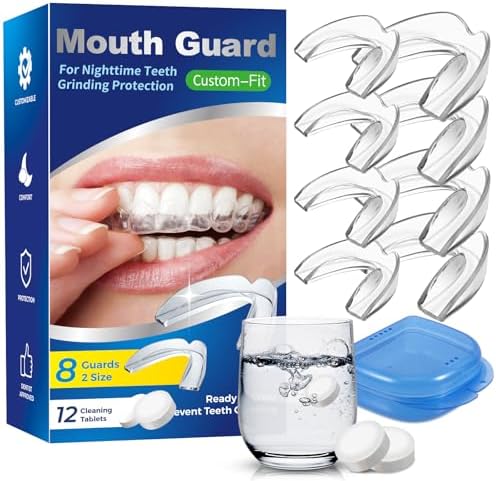 Mouth Guard for Grinding Teeth at Night, Night Guards for Bruxism, Mouthguards for Grinding of Teeth Nighttime, Dental Bite Guard for Adults of Clenching Teeth, 8 Pack with 12 Cleaning Tablets