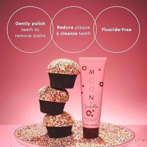 Moon x Sprinkles Birthday Cake Flavored Toothpaste, Fluoride Free - Sugar & SLS Free Toothpaste - Low-Foaming, Gentle on Gums & Enamel - with Hints of Vanilla Buttercream (4.2 Oz)