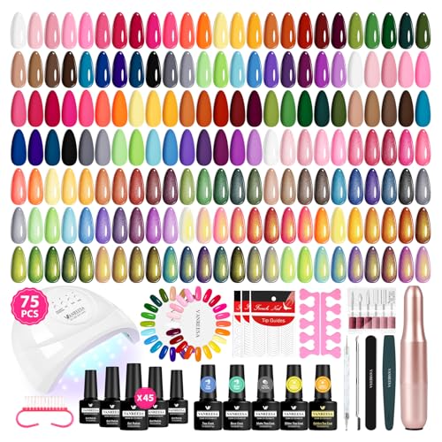VANREESA Gel Nail Polish Kit with U V Light and Nail Drill Kit 75 Pcs Gel Polish Nail Set 45 All Season Colors Nail Polish Set Base Coat & 4 Effects Top Coat Complete Nail Kit Gifts for Women