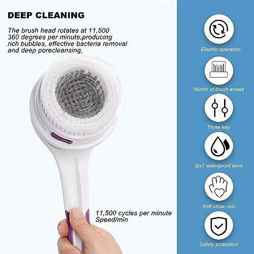 Electric Body Brush,5 Attachments Brush Heads Electric SPA Spin Scrubber for Shower Bathing Cleansing Wash Deep Cleaning with Silicone Rechargeable IPX7 Waterproof