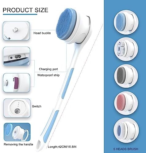 Electric Body Brush,5 Attachments Brush Heads Electric SPA Spin Scrubber for Shower Bathing Cleansing Wash Deep Cleaning with Silicone Rechargeable IPX7 Waterproof