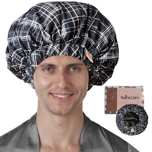 Years calm Shower Cap for Men Waterproof Reusable - Fashion Dual-Layer Design, Adjustable Elastic Band for Long & Curly Hair, XL Bath & Spa Cap for Travel, Satin Lined Shower Cap Black