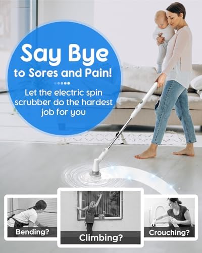 Electric Spin Scrubber with Battery Power Display, Fast-Charging Cordless Shower Scrubber with Long Handle, 4 Replaceable Brush Head, 1.5H & 2 Speeds Electric Scrubber (White)