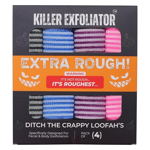 Premium Extra-Rough Japanese Exfoliating Body Scrubber: Extra Long, Hygienic, Body Scrubber Exfoliator for Men & Women - 4 Count Pack (Black, Blue, Purple & Pink)