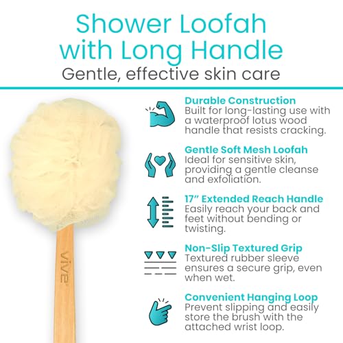 Vive 17” Shower Loofah with Long Handle - Exfoliating Back & Body Scrubber for Men & Women - Luffa Sponge on a Stick for Bathing, Cleaning - Includes Extra Handheld Lufa, Hook & String to Hang on Wall