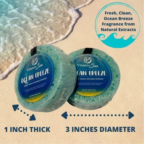 Travel Size Body Wash Women Shower Sponges (2 Pack) | 30 + Washes Travel Loofah with Case | Travel Body Wash Women Shower Sponge Soap w/Natural Extracts | Travel Soap Sponge Body Wash (Ocean Breeze)