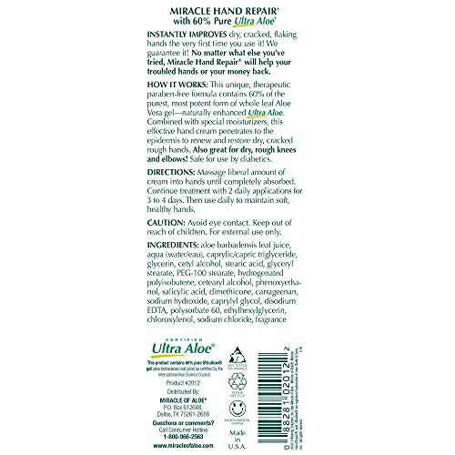 Miracle of Aloe Miracle Hand Repair Cream 32 oz Healing Aloe Vera Lotion for Dry, Cracked Hands with 60% Ultra Aloe Gel - Moisturizes, Softens, and Repairs - Non-Greasy, Lightly Scented