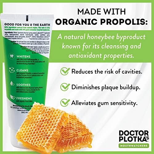 MOUTHWATCHERS Whitening Fluoride Free Naturally Sourced Toothpaste, 4 Tubes, 3 oz Each, for Sensitive Teeth and Gums, Fresh Organic Mint and Propolis, by Dr. Plotka's