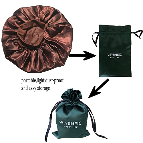 VEYRNEIC Hair Satin Bonnet for Sleeping Shower Caps Silk Chemo Caps with Wide Elastic Band Night Sleep Cap Bonnets for Black Women Braids with Satin Storage Bag(Brown)