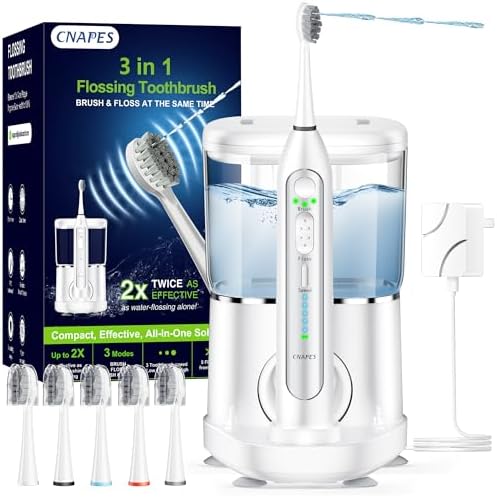 Electric Toothbrush with Water Flosser Combo 3 in One, Advanced 2.0 Flossing Toothbrush for Teeth Cleaning and Flossing, 5 Speed&3 Mode, 500ML Large Tank, Rechargeable, 5 Replacement Brush Heads-White