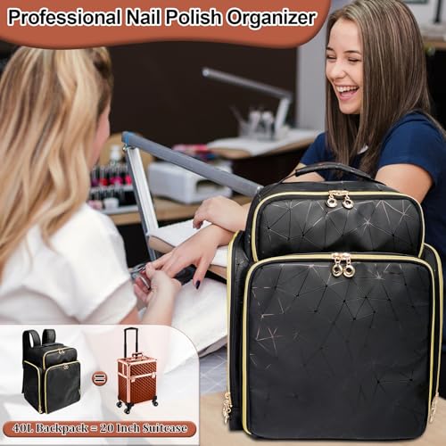Elegant Black Backpack Organizer, Holds 126 Nail Bottles, Extra Large Nail Kit Supplies Storage with 3 Removable Cases, PU Leather Organizer for Travel