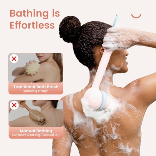 Electric Back Scrubber for Shower Body Brush, Waterproof Automatic Body Scrubber for Cleansing, Massaging and Exfoliating, Spinning Bath Brush with 2 Heads & 3 Speed Modes, Berry Pink