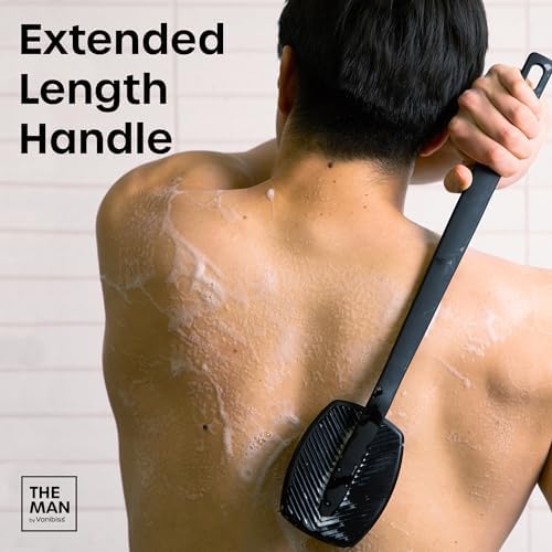 The Man Silicone Back Scrubber for Men - Exfoliating Back Scrubber Brush for Shower with Longer Handle - Body Scrubber Brush - Shower Accessory with Hook (1 Set)