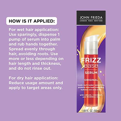 John Frieda Frizz Ease Original Hair Serum, Protecting Against Frizz, Heat, and Humidity While Adding Shine, Hydratesand Smooths Hair with Argan, Coconut, and Moringa Oil, 1.69 Oz, Pack of 2