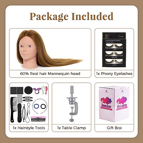 Mannequin Head with 60% Real Human Hair, 28 Inch Make up Cosmetology Manikin Practice Head with Hair,Braiding Hairdressing Doll Head for Hair Styling with Table Clamp + DIY Hair Styling Set