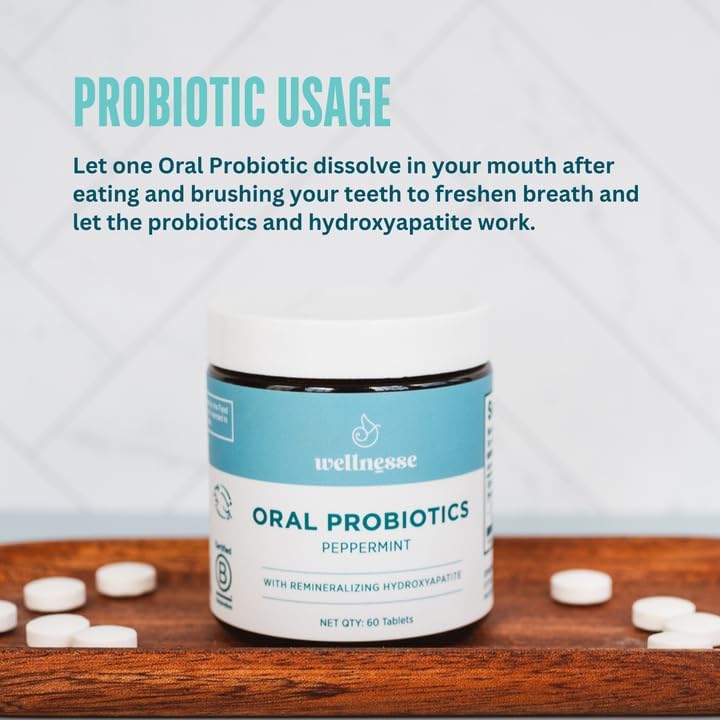 Wellnesse Oral Probiotics with Peppermint and Hydroxyapatite for Teeth and Gums - Fresh Breath Solution & Dental Health Support for Adults & Kids - Probiotics for Bad Breath - Oral Health Lozenges