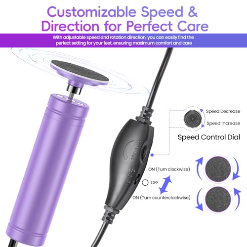 Electric Foot Callus Remover, 4.7” Callus Remover for Feet with 60Pcs Sandpaper Discs, Foot Scrubber, Professional Stepless Speed Control Pedicure Tools for Dead Skin Calluses, Purple