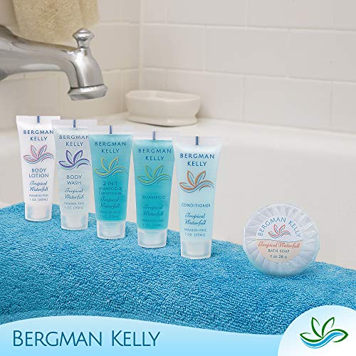 BERGMAN KELLY - Hotel Toiletries Bundle - Tropical Waterfall, 1 oz ea, 125 Pieces - 5-Piece Set: 25 ea Rectangular Bar Soap, Shampoo, Conditioner, Body Lotion & Body Wash - Bulk Mini Guest Amenities