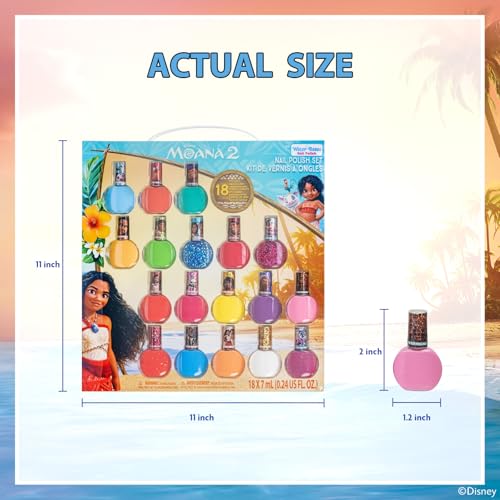 Townley Girl Moana 2 Non-Toxic Water-Based Peel Off Nail Polish Set with Glittery Shimmery Opaque Colors for Girls Kids Ages 3+ Perfect for Parties Spa Days Makeovers 18 Pcs