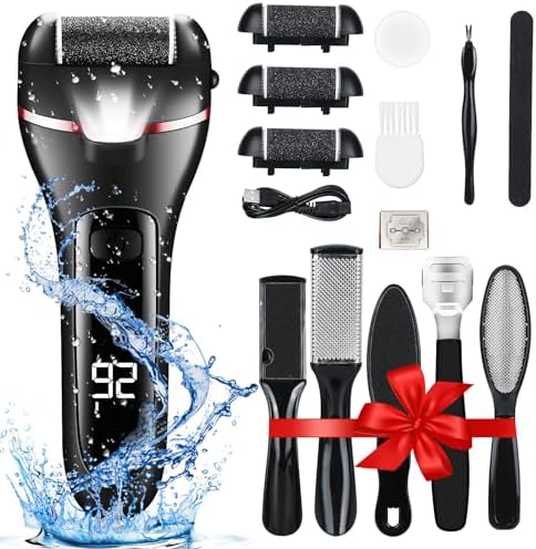 zikillya® Electric Foot Callus Remover, 16 Pack Foot File Pedicure Kit Tools,Waterproof Foot Scrubber Dead Skin Remover with 3 Roller Heads & 2-Speed Power Pedicure Tools for Feet Hands Heel (Black)