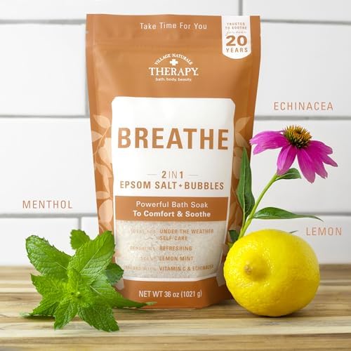 Village Naturals Breathe Foaming Body Soak, Epsom Salt, Essential Oils, Soothing Bubbles, Sea Salt 36 oz, Pack of 2