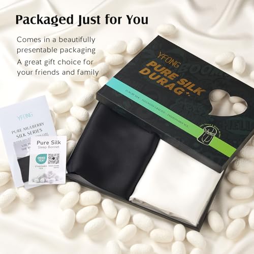 YFONG 2 Pack 100% 22 Momme Mulberry Silk Durags for Men Women, Extra Long Strap Silky Durag, Breathable and Soft Du Rag for 360 Waves, Pure Silk Durag for Hair Care and Stylish Outfits, Black+White