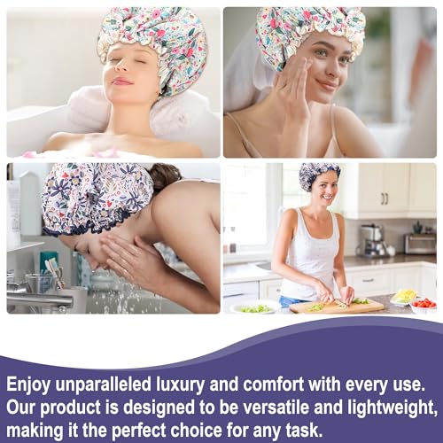Luxury Reusable Shower Cap for Women Double Layered Shower Caps Bonnet with Adjustable Elastic Strap, Leakproof Nonslip Large Satin Lined Shower Bath Cap for All Hair Lengths-Ladies Gift Blue-Flower