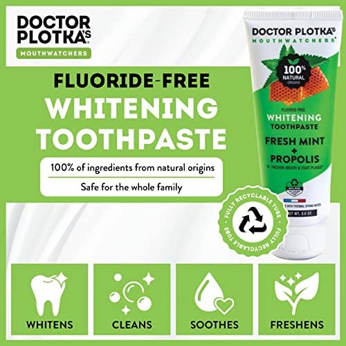 MOUTHWATCHERS Whitening Fluoride Free Naturally Sourced Toothpaste, 4 Tubes, 3 oz Each, for Sensitive Teeth and Gums, Fresh Organic Mint and Propolis, by Dr. Plotka's