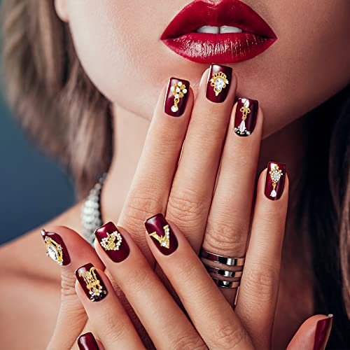 Maitys 52 Pcs Gold Nail Charms Luxury Rhinestones Heart Crystal Gems Alloy 3D Dangle Nail Jewels Metal Pearl Diamond Flowers Studs for Women DIY Craft Jewelry Making