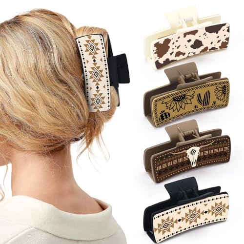 Western Leather Hair Claw Clips Sunflower Floral Square Claw Clips for Hairstyling Southwest Cow Print Cowhide Hair Accessories Large Aesthetic Western Cowgirl Stuff Gift for Women Girls