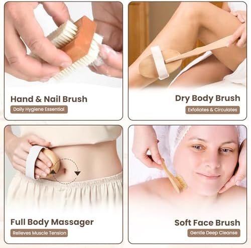 Wooden Bath Brush Set - Detachable Dry Body Brush, Natural Face Exfoliator, Facial Scrubbing Brush, Anticellulite Massager, Massaging Cellulite Remover, Cleaning Nail Brushing