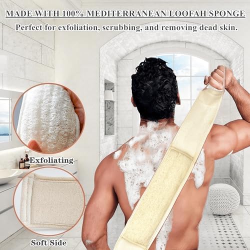Exfoliating Natural Loofah Sponge Back Scrubber for Shower, Loofah Sponge Pads & Exfoliating Glove, Bath Shower Scrubber for Men and Women