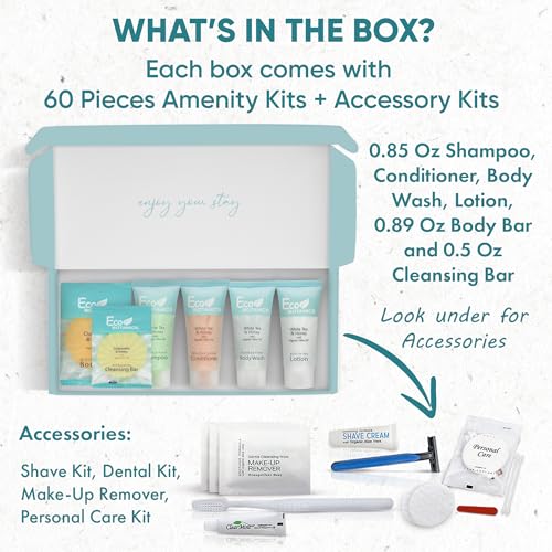 Eco Botanics Amenity & Accessory Kit | 0.85 oz Travel Size Shampoo, Conditioner, Lotion, Body Wash, Soap Bar, Shave & Dental Sets, Make-Up Remover Wipes, & Vanity Kit | 60 sets per case