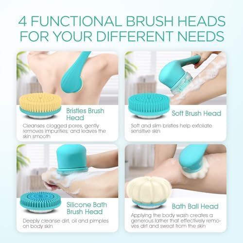 VOYOR Electric Body Brush Back Scrubber Silicone Body Scrubber Two-Way Rotating Brush Head for Deep Cleaning, Exfoliation, 4 Attachments Long Handle IPX6 Rechargeable Shower Brush BC300 (Blue)