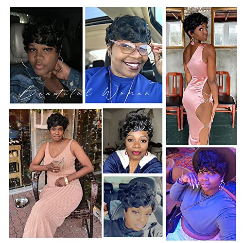 MOONSHOW Short Pixie Wigs for Black Women Short Black Curly Pixie Wig Synthetic Short Hair Wigs for Black Women Natural Wavy Black Pixie Cut Wig (Natural Black)